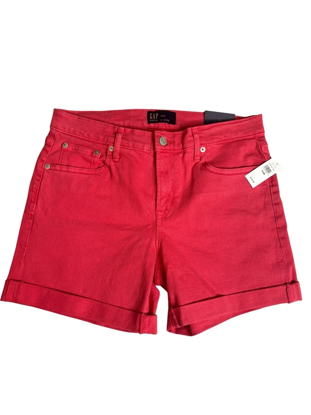 NEW GAP Women’s Coral-Red Denim Roll-Cuff Jean Shorts Size 6/28 5